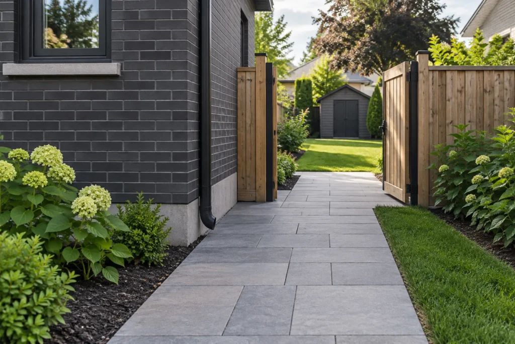 Wide side path through an open timber gate beside a charcoal-brick house.