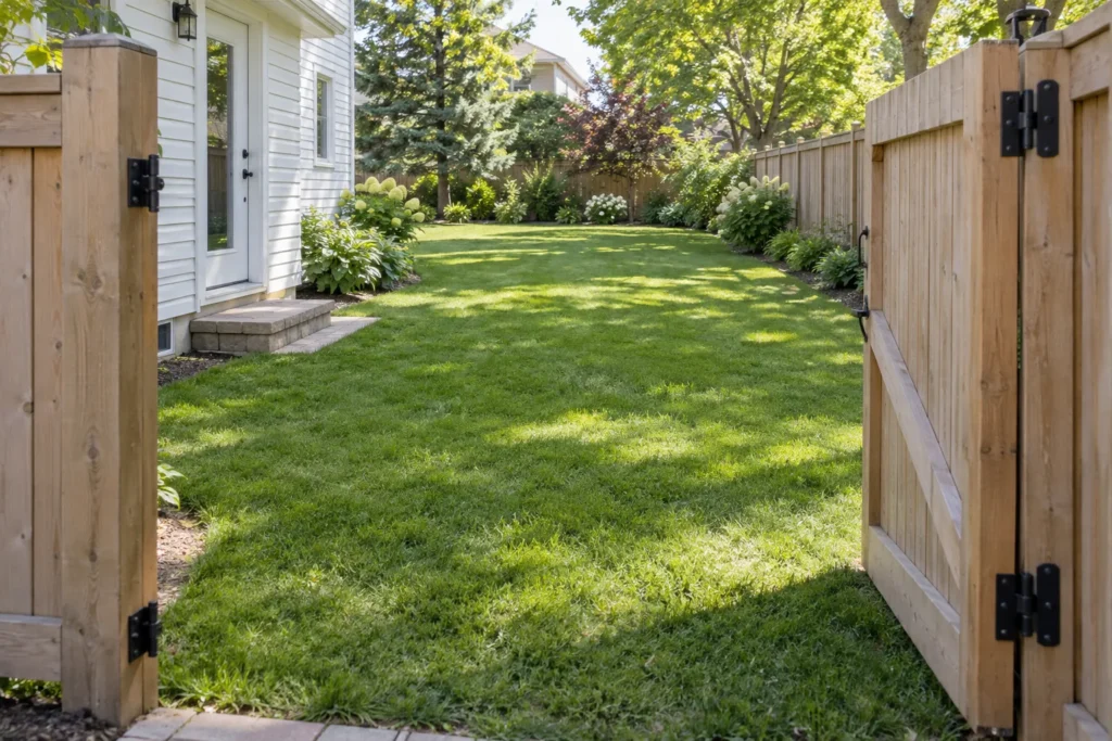 Open timber gate leading to an accessible backyard lawn beside a white-sided house