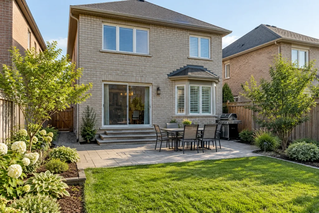 Simple lawn and planted borders around a light-brick home's patio