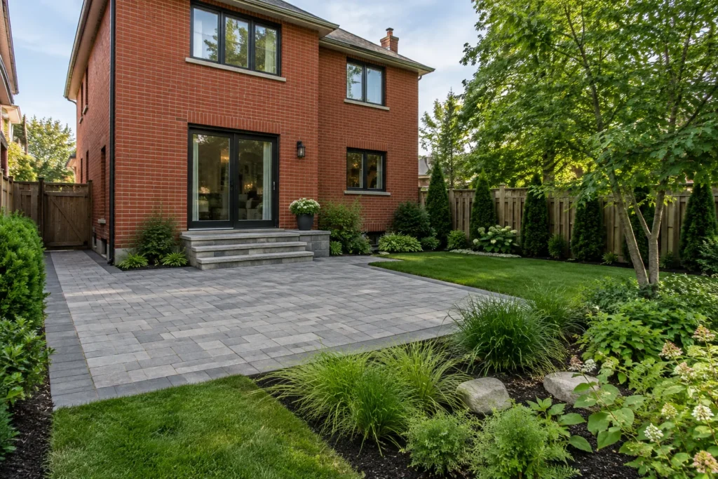 Grey paver terrace beside a red-brick two-storey house, rear steps, garden beds and adjoining lawn
