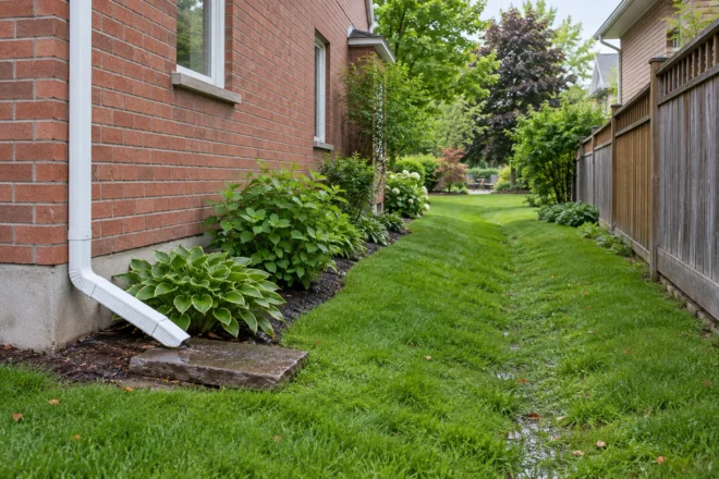 Side-yard downspout outlet beside a continuous grass swale