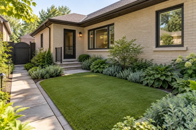 Small rounded synthetic lawn bordered by planting and stone access
