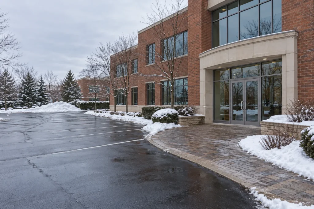Snow storage area separated from tenant parking and exits