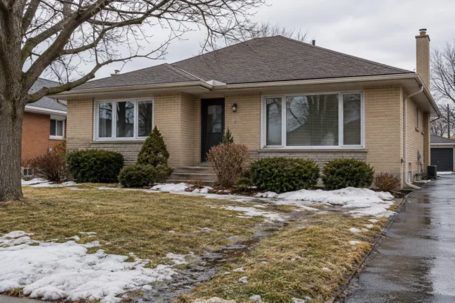 Meltwater in a shallow front-lawn route beside a bungalow