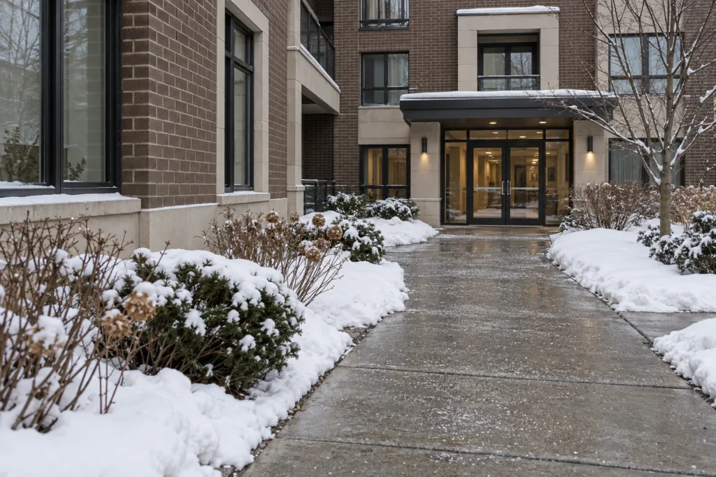 Fine ice-control material distributed realistically on walkway