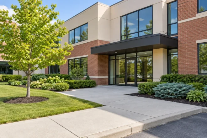 Maintained professional office garden with a clear concrete entrance approach and low planting.