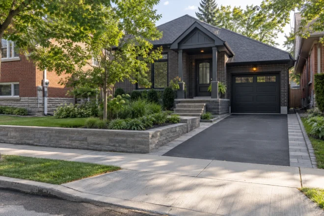 Single-garage driveway with narrow paver margins and a retained front garden