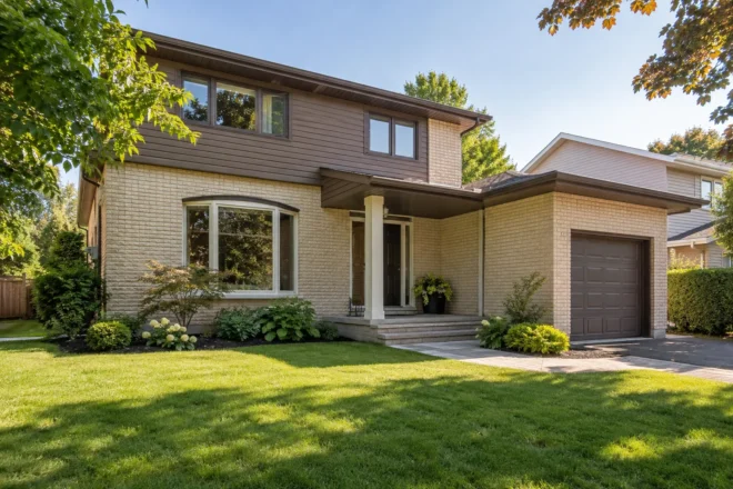 Two-storey front with small garden beds and continuous grass