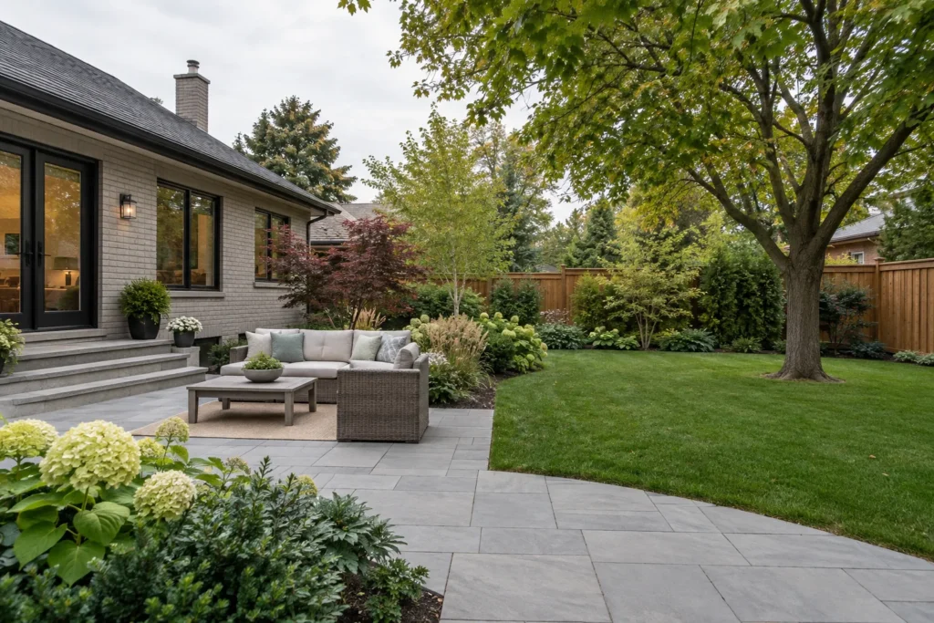Layered shrubs behind a seating patio with open lawn beneath a mature tree