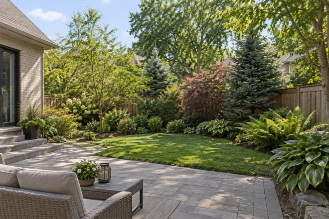 Layered privacy planting around a medium backyard lawn and patio