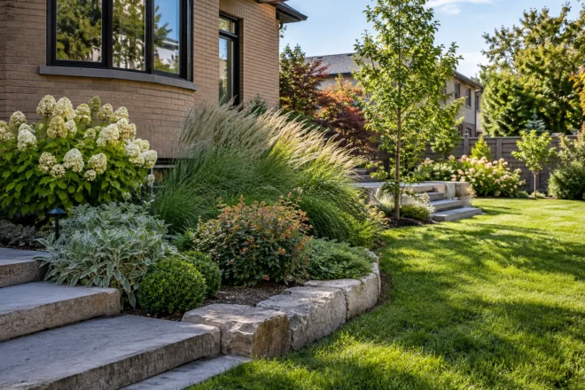 Sunny border with grouped grasses and shrubs