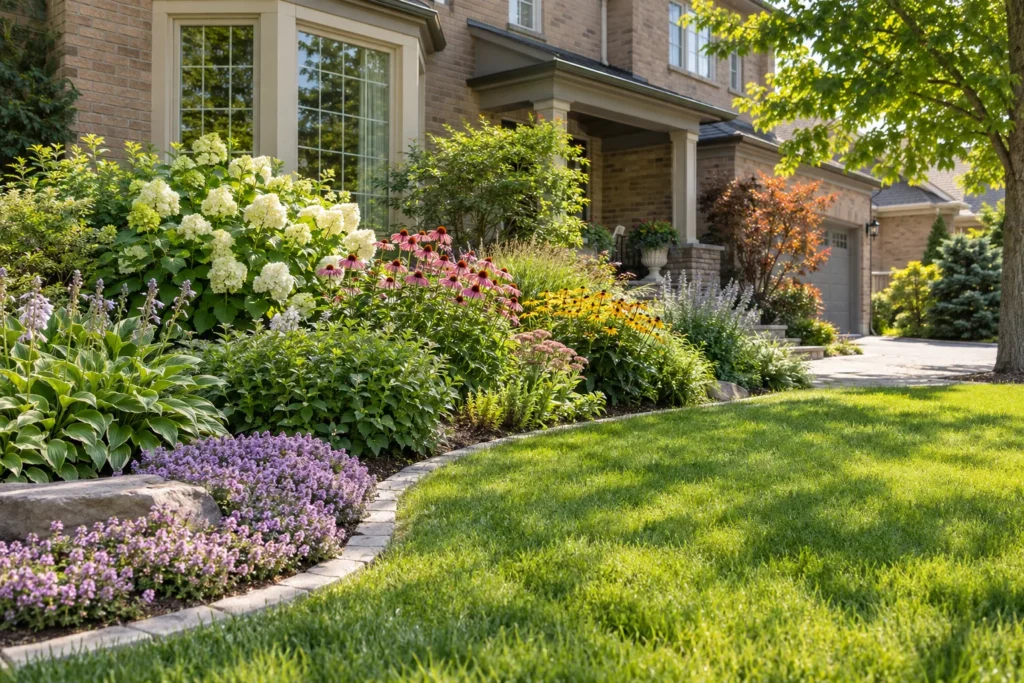 Sunlit perennial border with low planting, flowers and taller shrubs