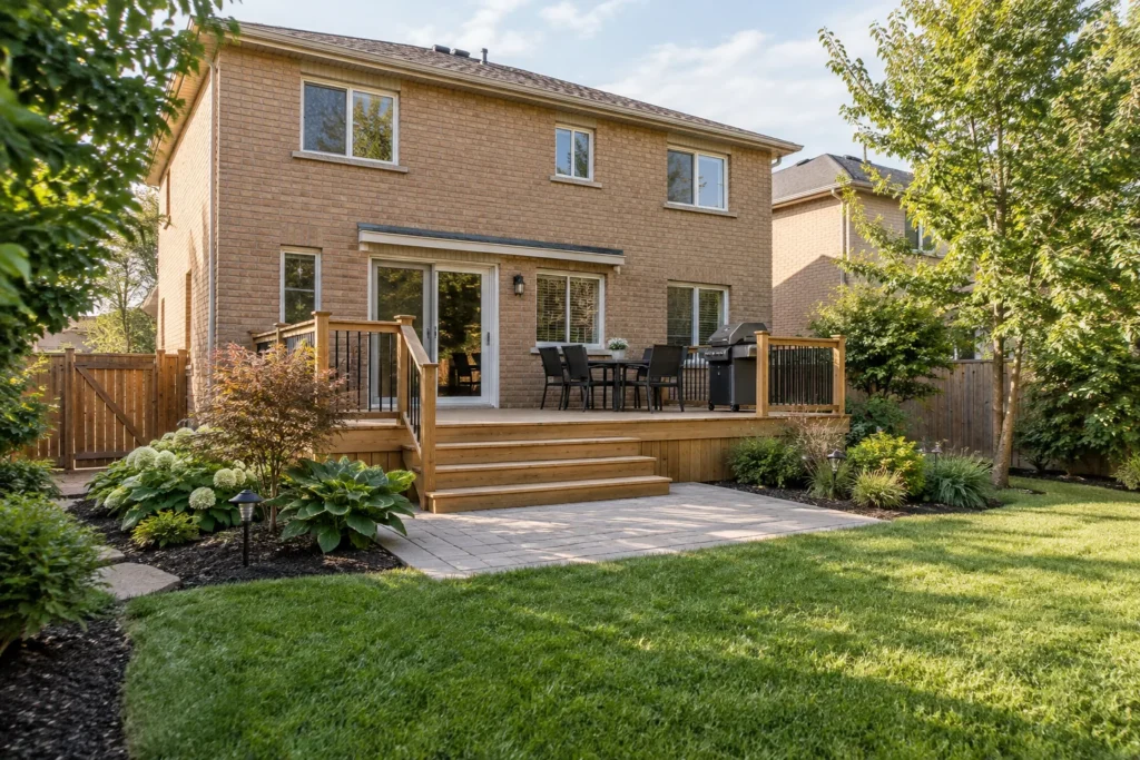 Wood deck with railings and broad steps leading to a paver landing