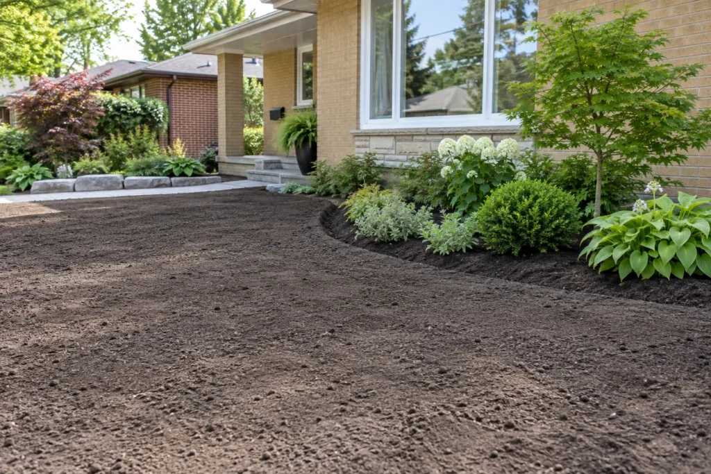 Prepared topsoil awaiting lawn beside a finished planted border and yellow-brick bungalow