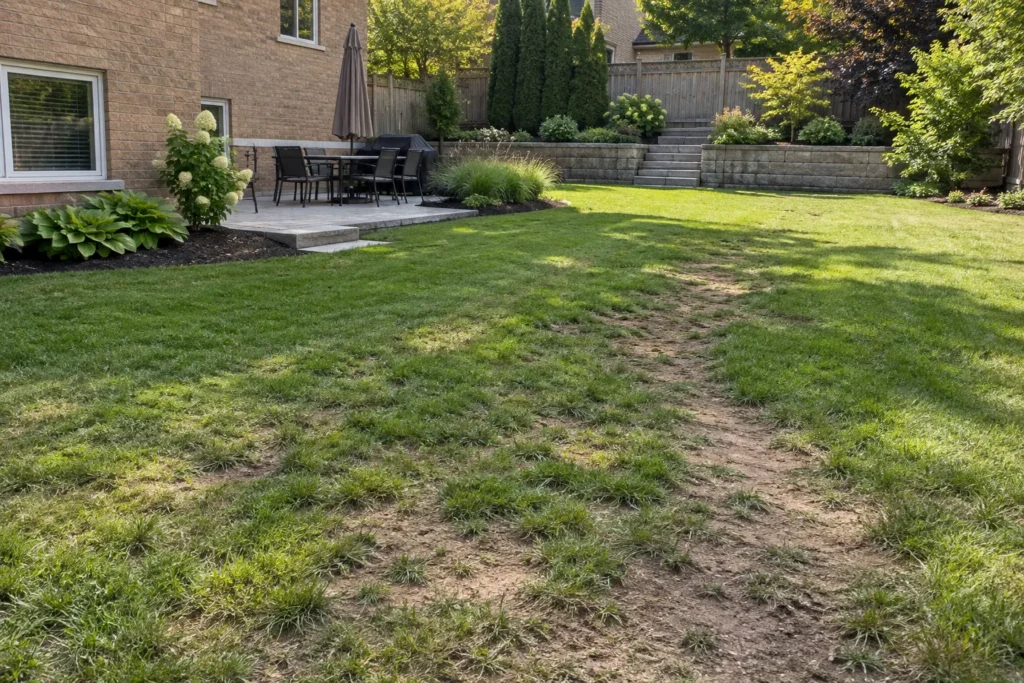Compacted thin lawn with bare patches beside a tan-brick house and garden terrace