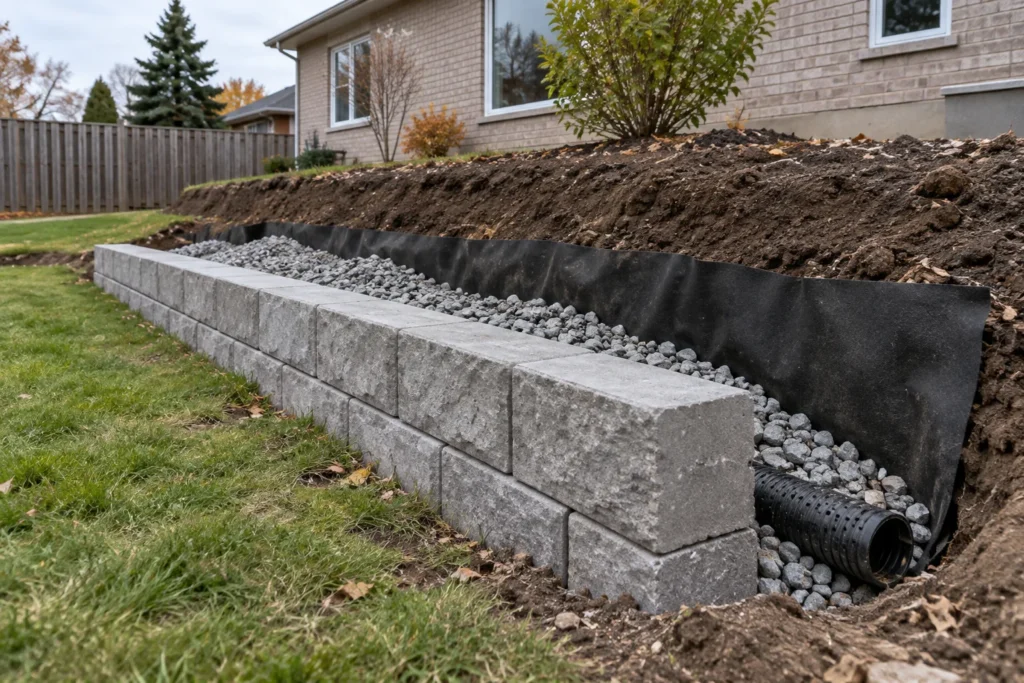 Drainage aggregate, separation fabric and a pipe beside an unfinished block retaining wall
