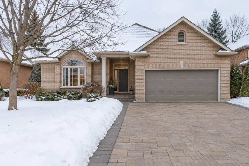 Cleared paver driveway beside a snow-covered lawn and open front-walk route