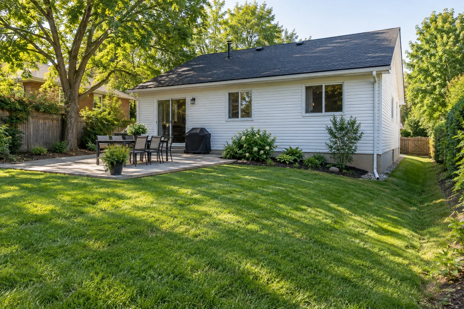 Rear lawn, stone patio and shallow grass route beside a detached home