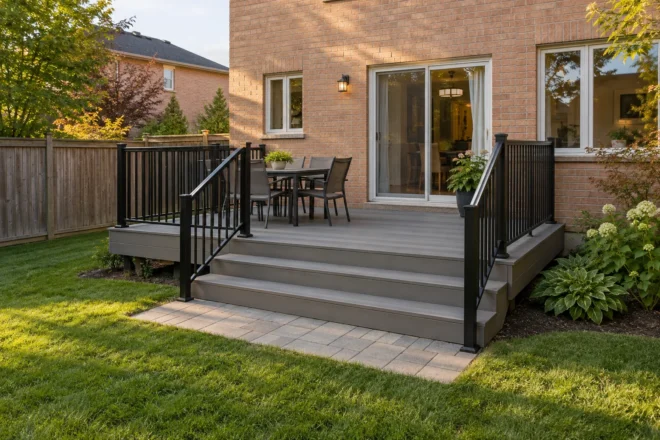 Small composite dining deck with practical steps