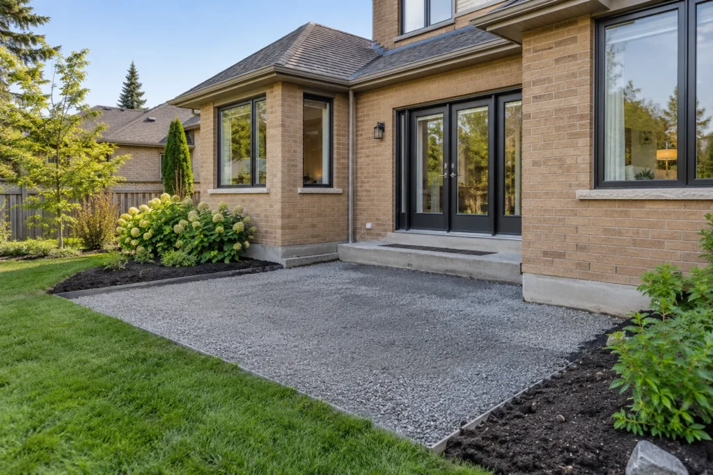 Prepared patio aggregate meeting the existing doorway elevation
