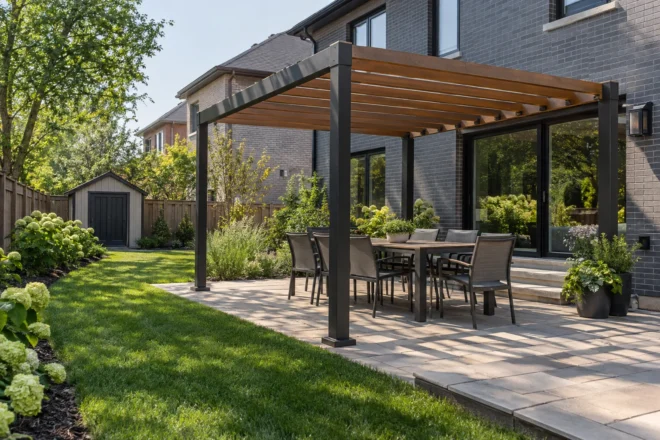 Rectangular pergola over a medium dining terrace