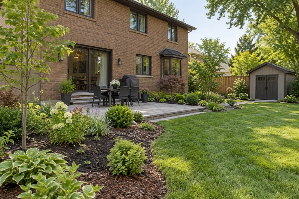 Refreshed planting bed beside a patio and gently sloping rear lawn