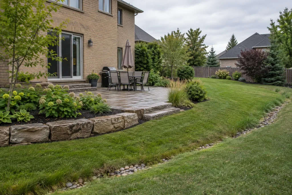 Finished backyard patio with garden transitions and a shallow drainage line