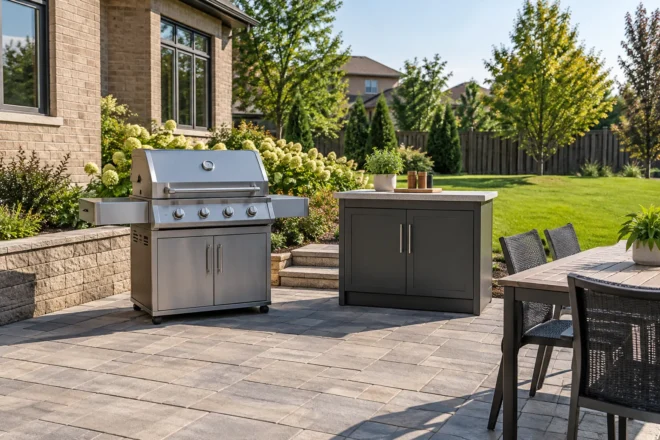 Freestanding stainless barbecue beside a separate preparation counter on a paver patio.