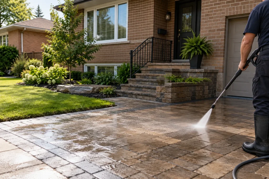 Controlled pressure washing on a paver entrance beside a brown-brick house