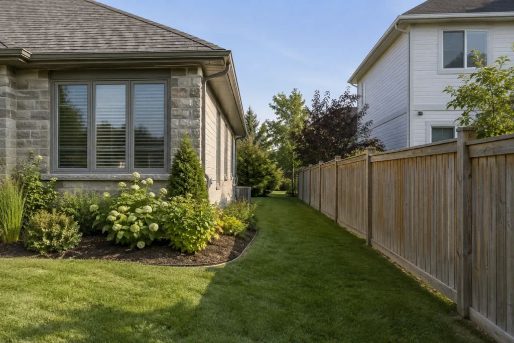 Timber fence and shallow grass route between two detached properties