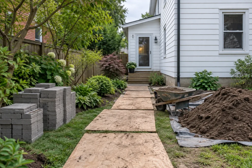 Protected side-yard access with paver stacks, wheelbarrow and soil staging