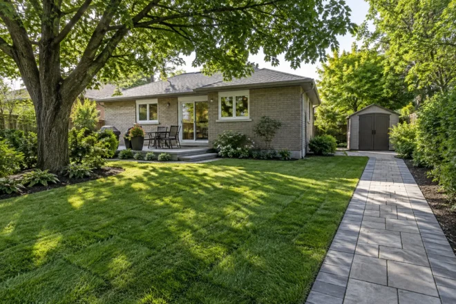 Back lawn beside stone hardscape