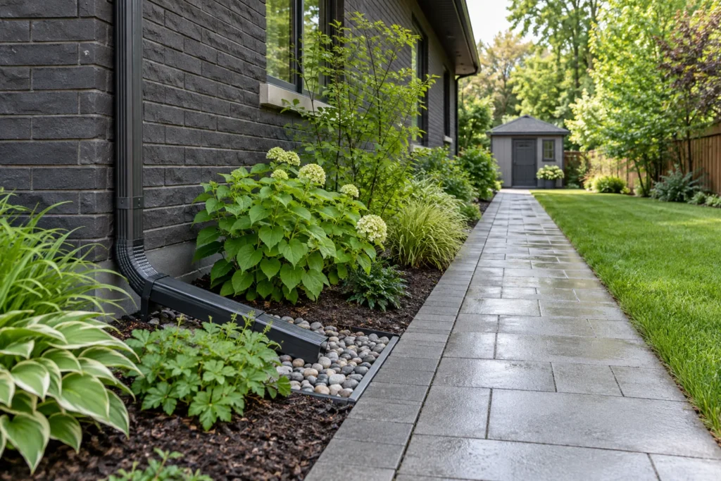 Roof-water outlet beside a clear paved garden walkway