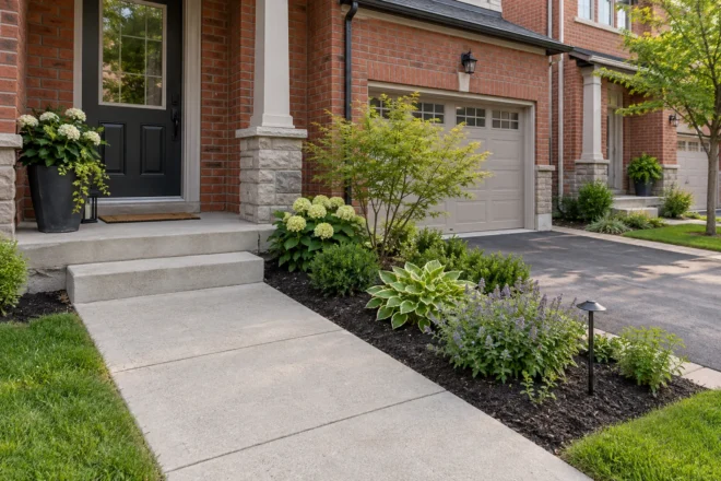 Dark mulch in a townhouse planting border beside a short entrance walk