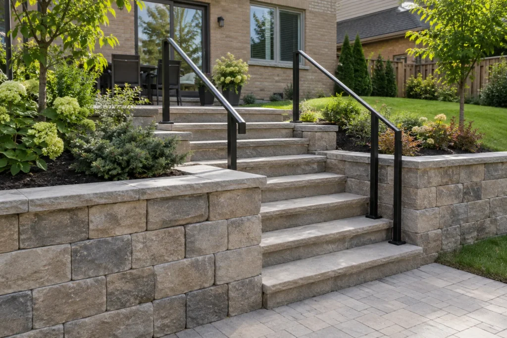 Stone garden steps with handrails between walls retaining raised planted beds.