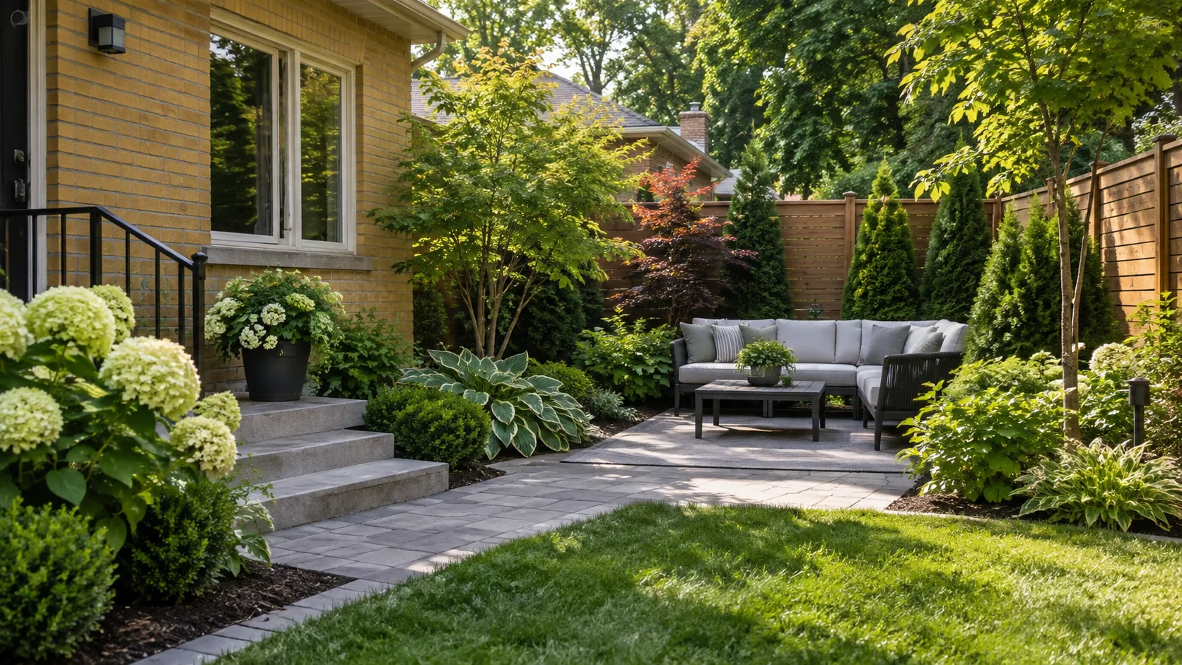 Private-feeling outdoor seating area formed by layered plants and a well-positioned fence