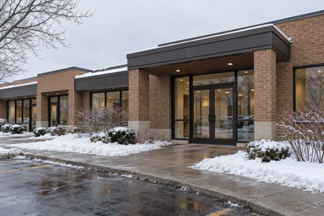 Retail plaza entrance with clear pedestrian path
