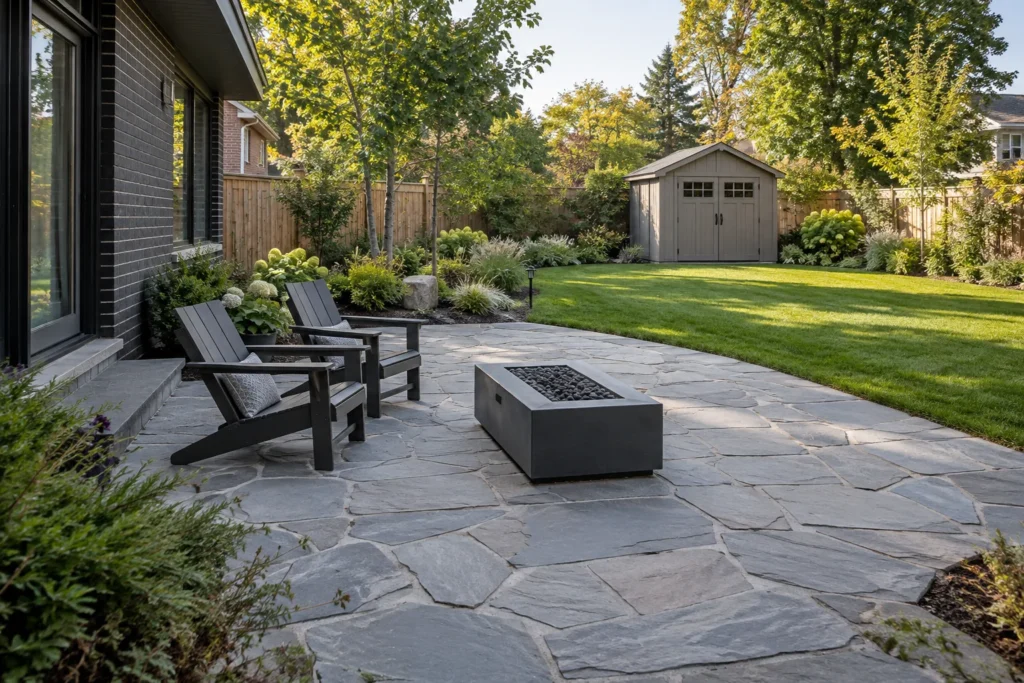 Unlit gas fire table on natural-stone paving separated from garden beds and a distant shed.