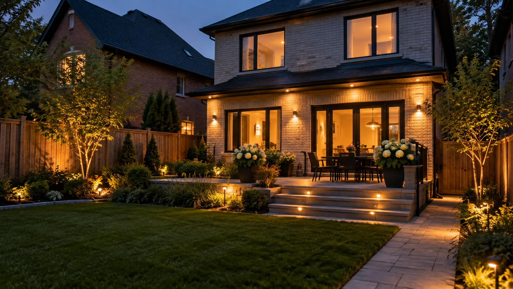 Realistic dusk garden with restrained path, step and entrance lighting without fantasy glow