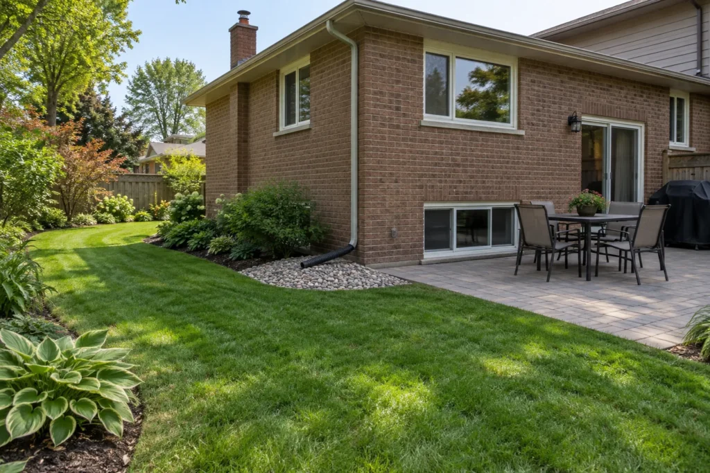 Patio, gently sloping lawn and a visible downspout splash area beside a split-level house