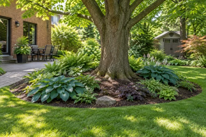Shade perennials around a retained mature tree with an open mulch collar