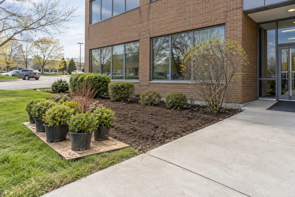 Prepared soil and potted shrubs staged beside a clear office entrance walkway.