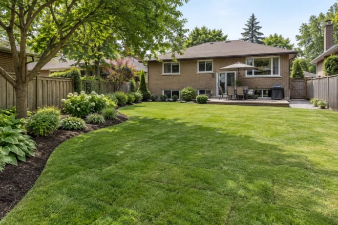 Fresh backyard lawn with a curved planting bed at a brown-brick home