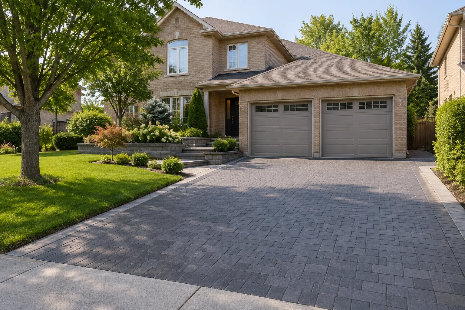 Vehicle-ready interlock driveway beside an ordinary garage