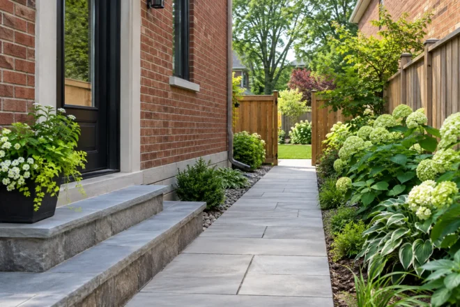 Narrow side walkway beside a red-brick home connecting through a gate to the backyard.