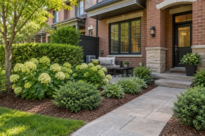 Layered shrubs beside a townhouse patio