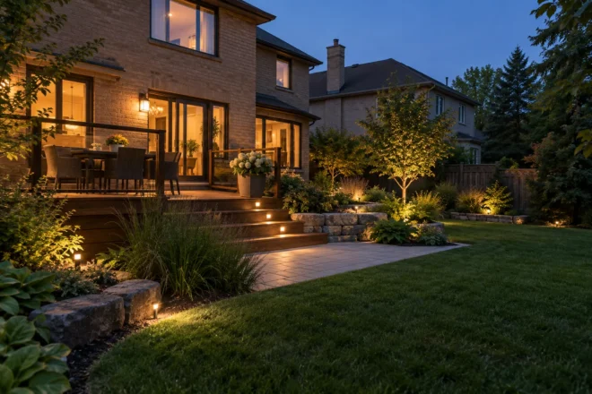 Deck-to-lawn transition at blue hour