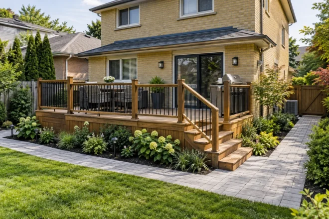 Straight rectangular backyard deck with accessible garden route