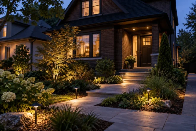 Dusk front path with low unobtrusive lights