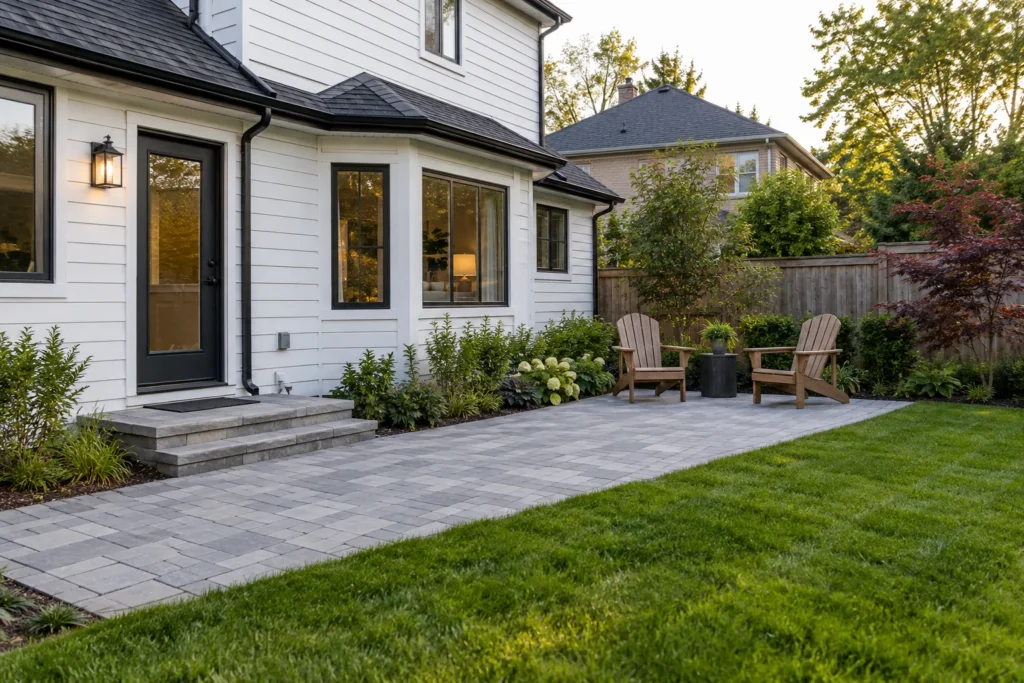 Simple paver terrace with two timber chairs and low planting beside a white house